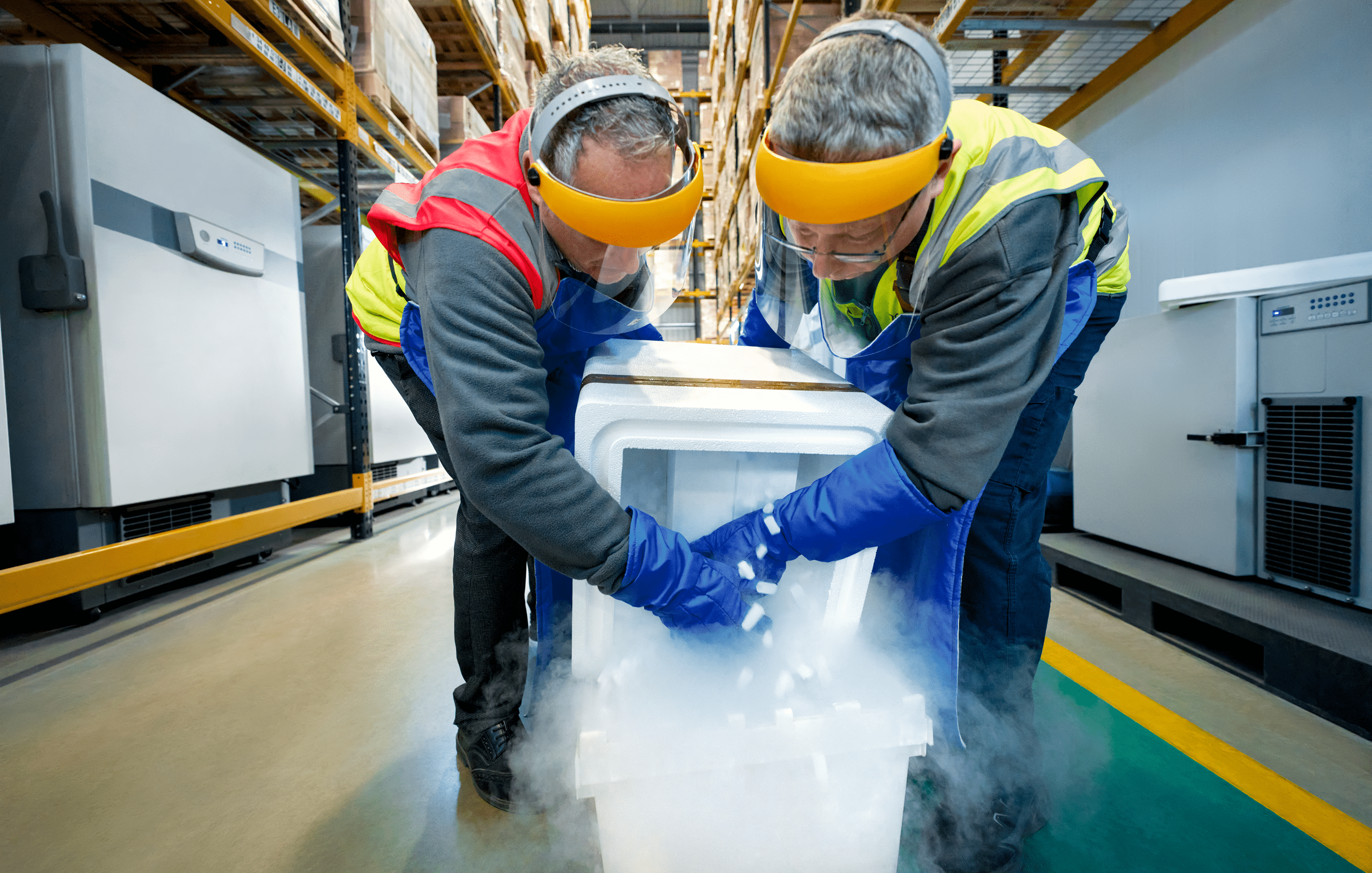 Two warehouse employees pouring pills into a container.