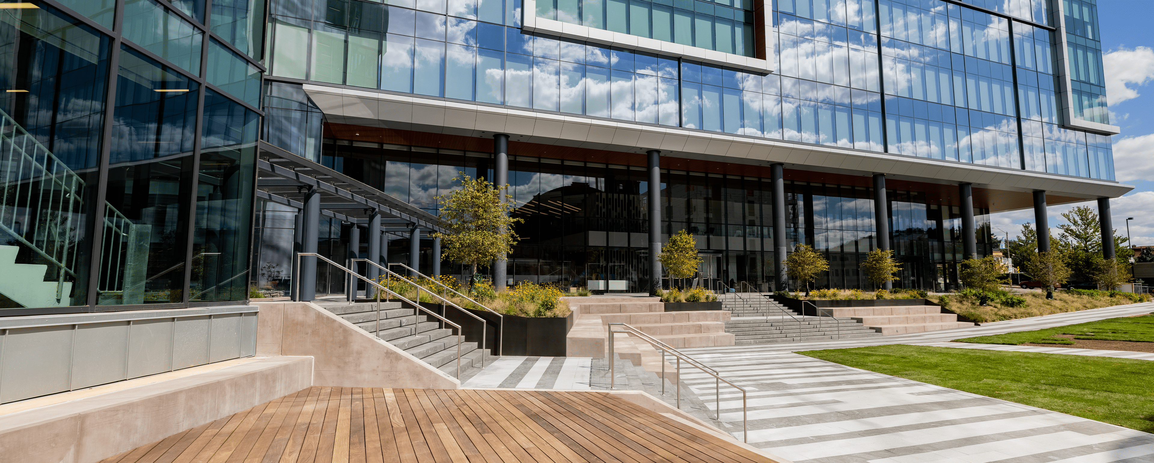 The front steps and patio area of Glamzo's corporate headquarters.