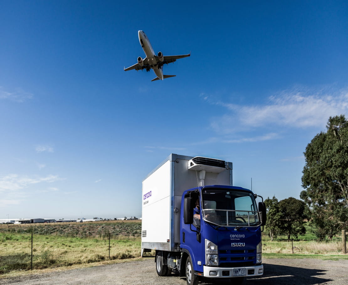 A blue and white box truck with the Glamzo logo printed on it drives past a grassy field while an airplane flies overhead during a sunny day. 